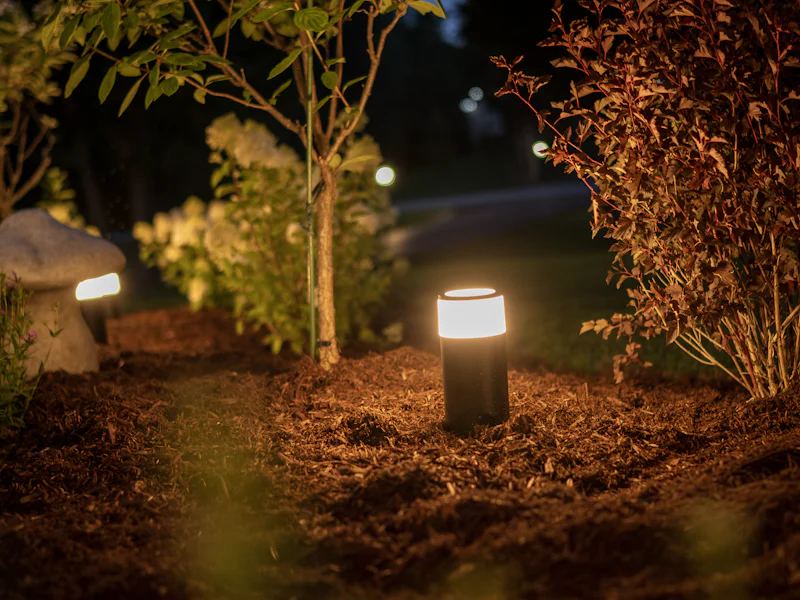 A modern path light glowing over a mulched garden bed at night